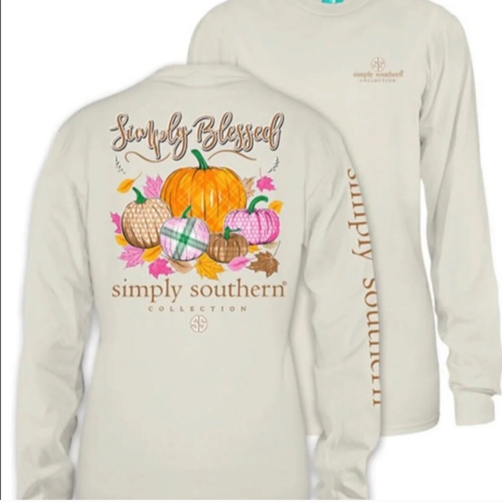 🆕 Simply Southern Cream "Simply Blessed" Fall Pumpkin Long Sleeve Tee, Large, N